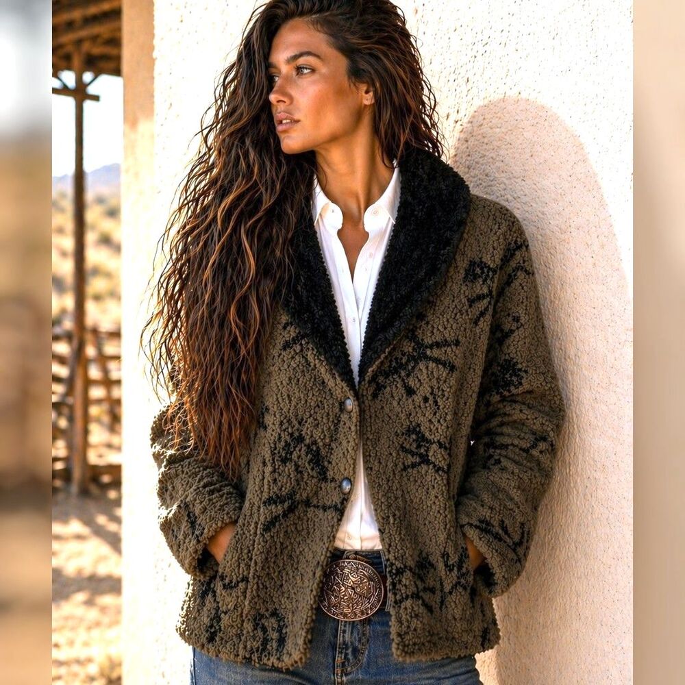 Equestrian Whimsical M Green Brown Horse Print Short Coat Alpaca Mohair Blend